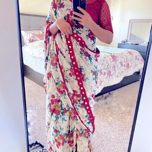 Floral Chiffon Saree with Mirror Lace Trim